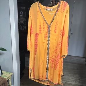 Soft Surroundings Orange and Red Long Sleeve Pleated Dress